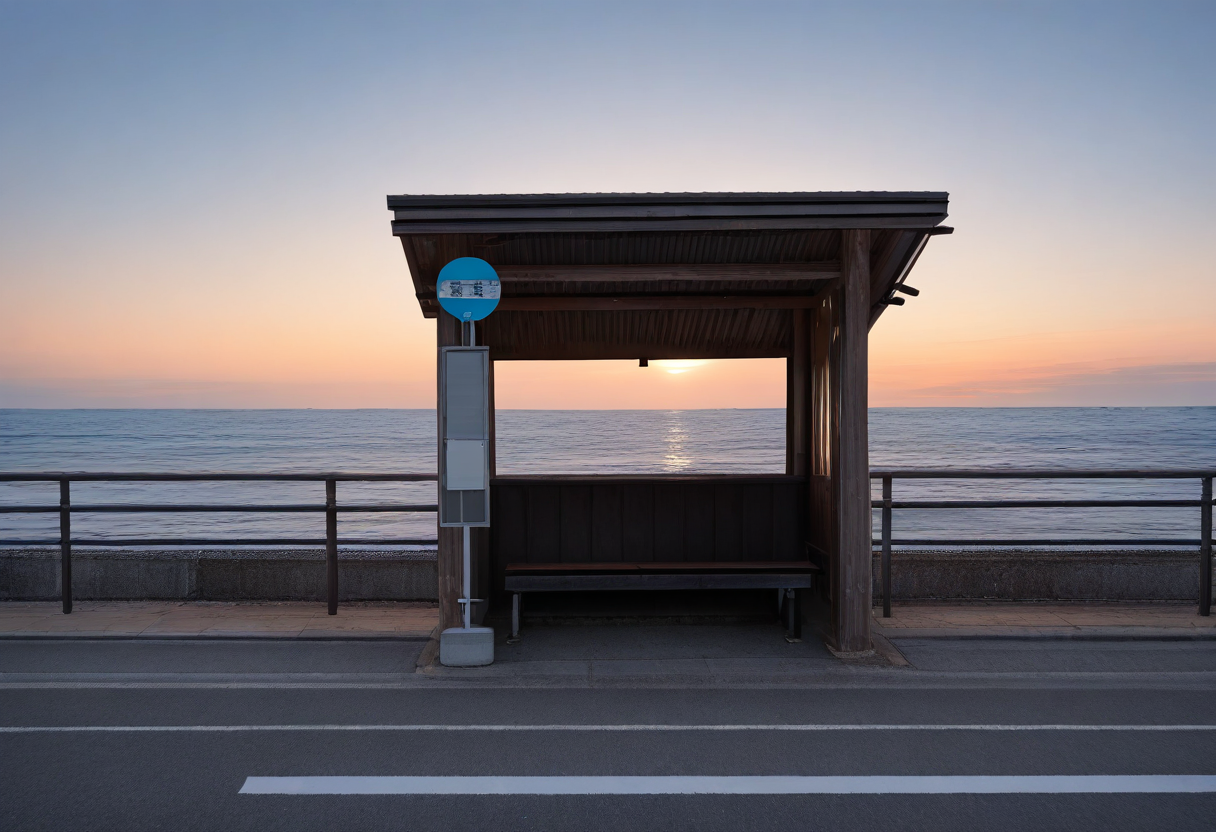 basutei, bus stop, no humans, scenery, ocean, road, outdoors, bench, street, sky, real world location, horizon, water, railing, building, sign, fence, day, shore, stairs, crosswalk, beach, sunset, sunlight, cinematic lighting, 
photorealistic, photo background, 
masterpiece, best quality, amazing quality, very aesthetic, absurdres, newest,
 <lora:sc_bustei_illustrious_V1L:0.8>