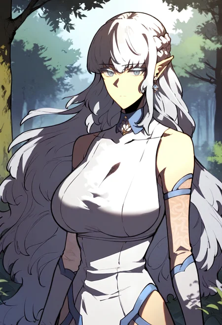 score_9, score_8_up, score_7_up, score_6_up, source_anime, rating_explicit, 1girl, solo, huge breasts,<lora:Quikantel prefectPonyxl:0.9> pointy ears, long hair, earrings, blue eyes, white hair, french braid, grey eyes, grey hair, sidelocks, dragon wing, turtleneck, brooch, white dress, sleeveless dress, detached sleeves, see-through sleeves, elbow gloves, bridal gauntlets, expressionless, forest, outdoors, looking at viewer