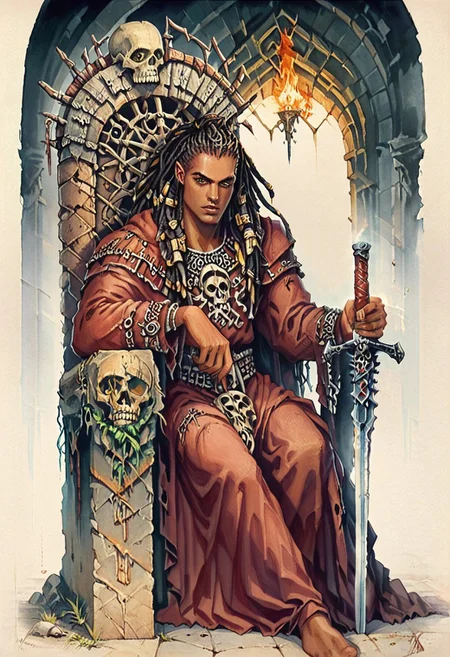 score_9, score_8_up, score_7_up, oblivionarts, solo, 1boy, warrior, ((african male)), brown eyes, muscular, long dread locks, loose dread locks, barbarian garb, sitting on throne of skulls, skull throne, piles of skulls, bored expression, holding sword point down, planted sword, large sword, plain broadsword, dark room, torch lit, abandoned temple, traditional art, medieval, <lora:Oblivion:.6>