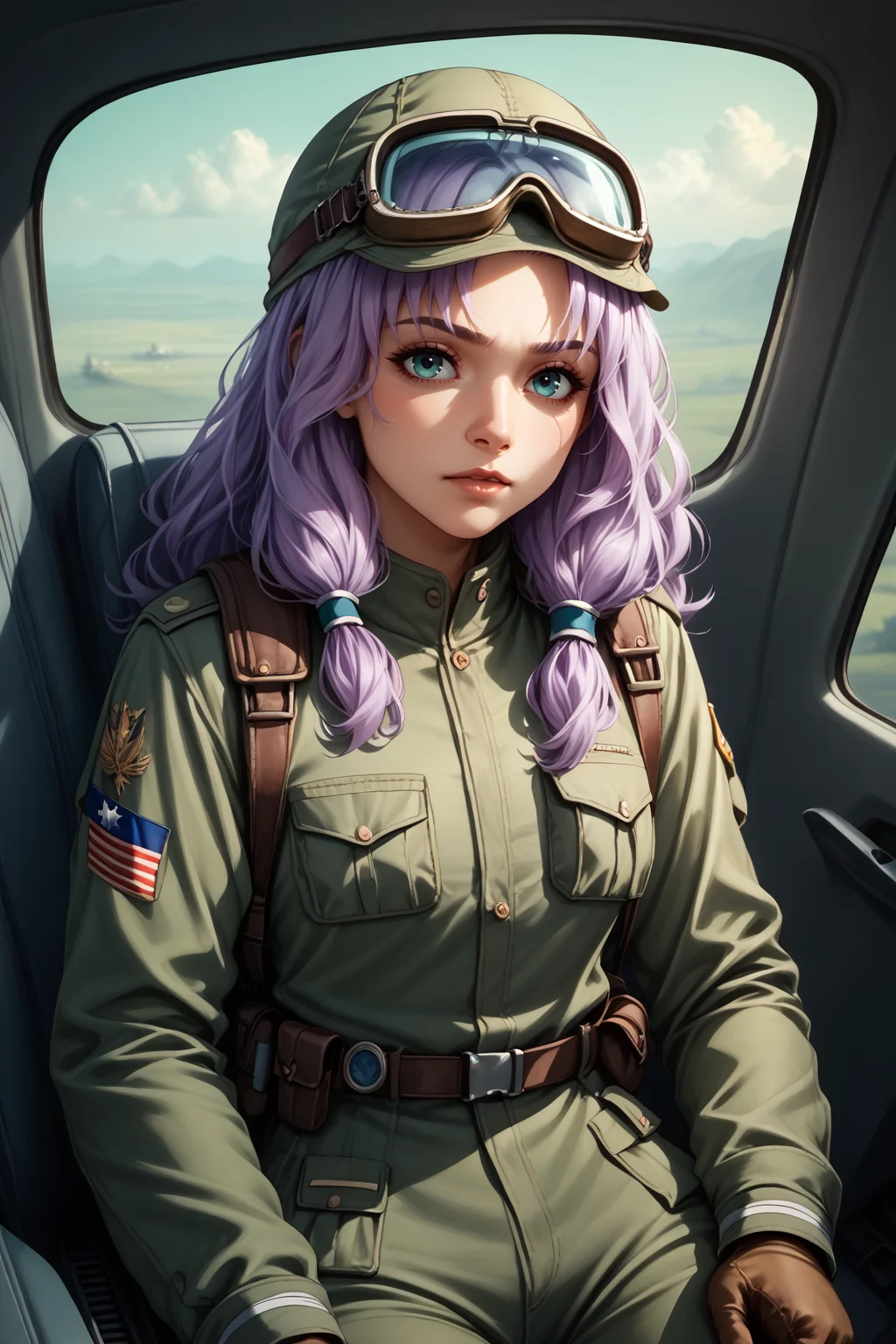 score_9, score_8_up, 1girl, solo <lora:NSFlorinaFE7:1> NSFlorinaMisc, light purple hair, long hair, parted bangs, low-tied sidelocks, military uniform, flight goggles, cockpit, goggles on head, aviator cap,