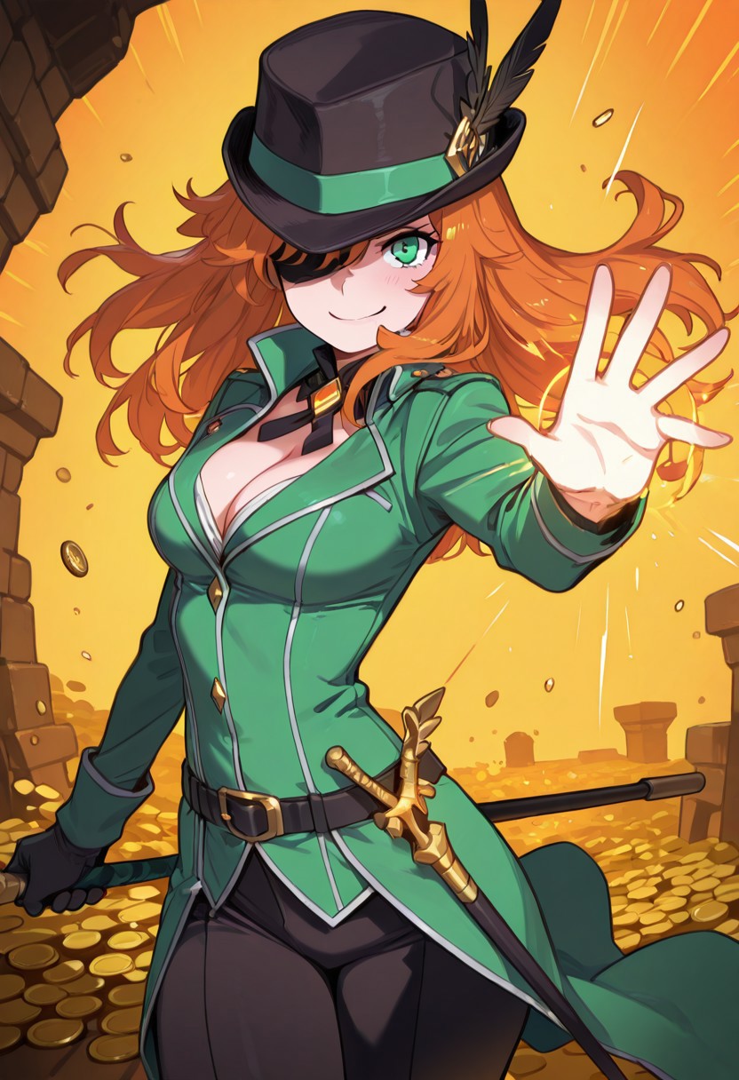 masterpiece, best quality, 1girl, solo, eyelashes, (beautiful eyes),   ,<lora:LepreconArtistCitronOC_IXL:1.0>,   zzLepreconCitron, standing protectively in front of an overflowing pot of gold, one hand resting on her belt, the other gripping a golden coin between her fingers, black hat casting a shadow over her eyes, green jacket flowing dramatically in the wind, treasure room glowing with magical light, faint rainbow shimmering in the background, cinematic lighting emphasizing the gleam of gold,  incoming attack, holding cane, foreshortening,   (inked drawing, hatching (texture), bold lines, high contrast, dramatic shadows, rough textures, strong comic book aesthetic:1.1), smile, smirk,
