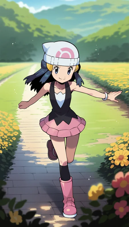score_9,score_8_up,score_7_up,
highres,highly detailed,
<lora:hikaridawn:0.8>,
hikaridawn,
1girl,solo,navy blue hair,long hair,dark blue eyes,looking at viewer,smile,yellow hair clips,black vest,pink miniskirt,white blouse underneath,black kneehighs,pink boots,
running,
blurry background,vignetting,outdoors,spring,light particles,greenlands,flower,sea of flowers,