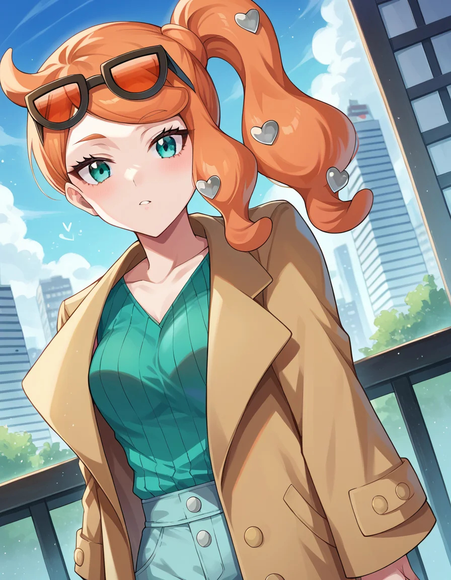 score_9, score_8_up, score_7_up, source_anime,
pokemonsonia, <lora:pokemon-sonia-ponyxl-lora-nochekaiser:1>
pokemonsonia, aqua eyes, heart, heart hair ornament, long hair, long sleeves, orange hair, side ponytail, swept bangs,
aqua footwear, aqua nails, aqua shirt, brown coat, brown jacket, coat, collarbone, eyewear on head, jacket, long sleeves, orange-tinted eyewear, pants, ribbed shirt, shirt, sunglasses, tinted eyewear,
outdoors, cityscape,
looking at viewer, cowboy shot, dutch angle,