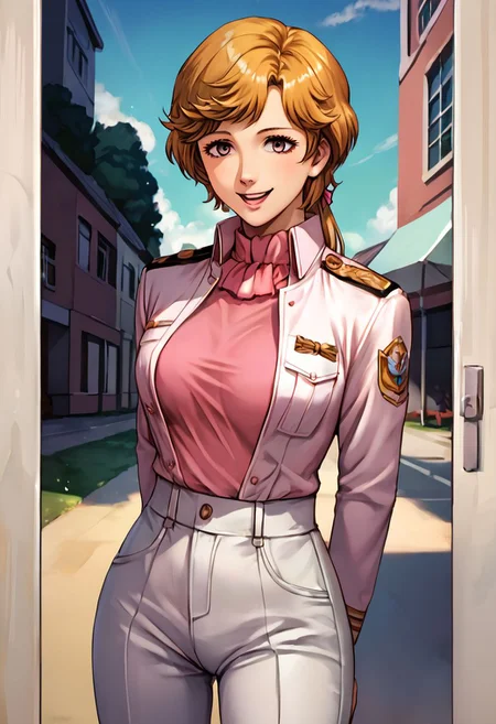 score_9, score_8_up, score_7_up, source_anime,
Frederica
hair ribbon, (best quality) , (highly detailed) ,masterpiece ,absurdres ,detailed face ,beautiful face ,(detailed eyes, deep eyes, anime eyes),
1girl,solo,female,kawaii,cowboy_shot,pink shirt,shirt,short hat,black jacket,military uniform,white pants,cowboy_shot,hands_on_own_chest,smile,laughing,