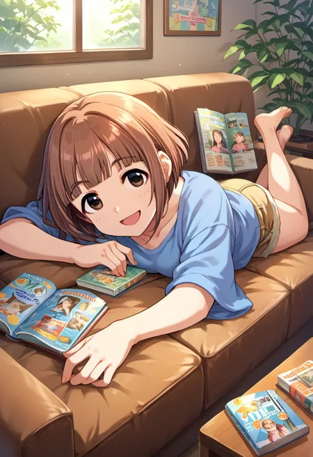 score_9, score_8_up, score_7_up, source_anime, kitami yuzu, short hair, brown hair, brown eyes, 1girl, solo, couch, smile, shorts, barefoot, looking at viewer, lying, magazine (object), book, open mouth