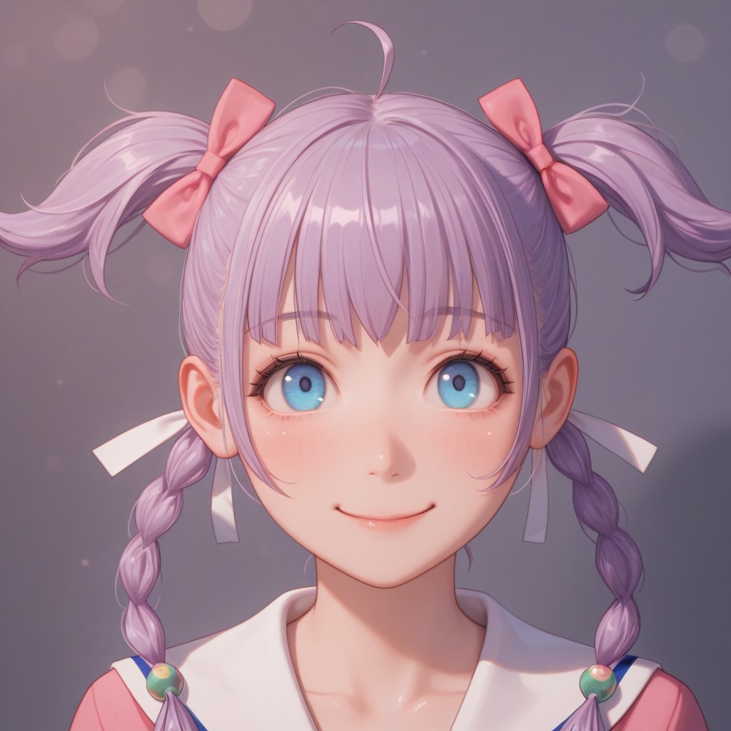 masterpiece, best quality, amazing quality, absurdres, newest, detailed background, definition so sharp, Ultra-HD, 8K cinematic, very awa, impressionate, amazing quality, highres, 
solo, shadow, shiny skin, female, pastel color, extream close-up, bokeh,
cecilsudou,cecil_purple hair, cecil_blue eyes,1girl, twin braids, twintails, ahoge,ribbon, bow, hair bow, hair beads, sailor dress, 
big smile, happy expression, looking at viewer, 
BREAK nanagenie (pokemon, green frog, out of frame),