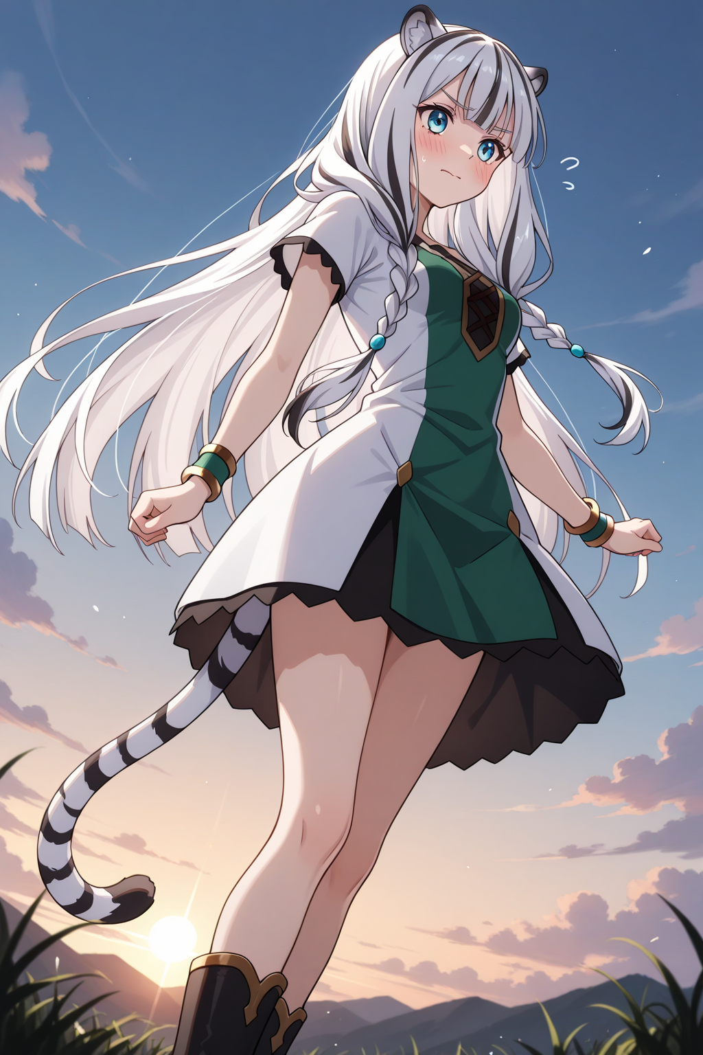 (green dress two-tone dress bracelets black boots:1.50), 
tny-atla, tiger tail, white hair, long hair, twin braids, 
medium breasts, 1girl, solo, skinny,
(masterpiece, highres, ultra-detailed,very aesthetic, best quality, absurdres, high quality, highres), 
flustered,
from below,
(:1.70), 
BREAK,
sunset outdoors,
blue eyes
<lora:tny-atla-V01-illXL-000002:0.70>