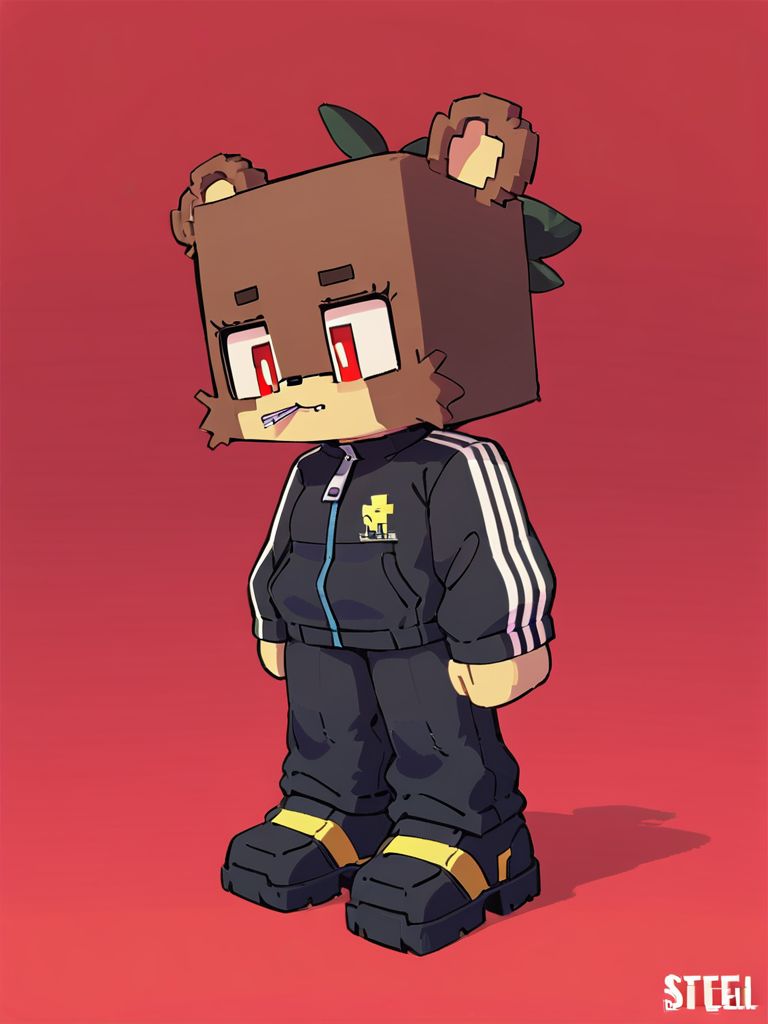 minecraft, score_9_up, score_8_up, furry female, bia, cube_head, square_zipper_mouth, teddy bear, solo, red eyes, holographic pants, sonic soundwave jacket, graphene desert boots,, uncomfortable pose, from side, blue and red background gradient, <lora:y-Bia_SlipperyT:0.8>, ((art by Seth-Iova))