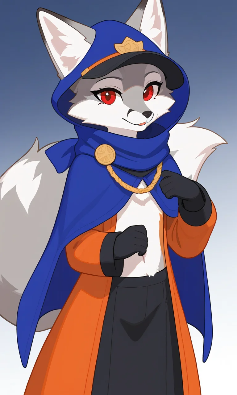 TVtrooper, female, ((fox animal)), red eyes, wearing a scarf and blue cloak, hat, Orange and grey fur, white belly fur, standing on two legs