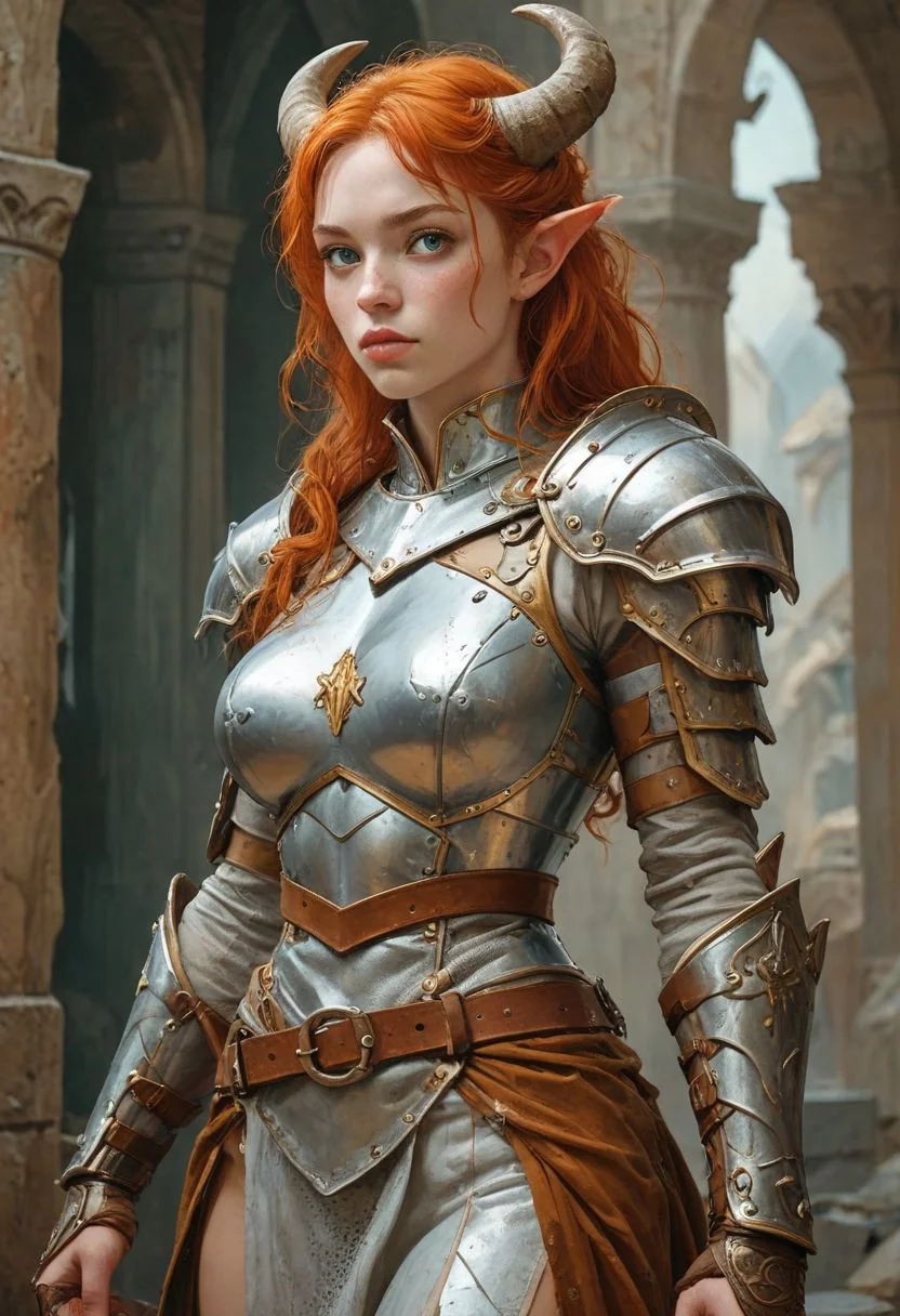 A purple towering Minotauress, Giantess, 8 feet tall, wearing gladiator armor, in the style of Karol Bak, Adam Hughes, Boris Vallejo, Julie Bell, Norman Rockwell,
View from below, looking down on viewer,
{
1woman,
25 year old,
Merida
(Pointy Ears:1.3),
orange hair,
(Green eyes,:1.3)
Makeup,
Big Round Eyes,
Fake Eyelashes,
fleshy big lips,
Pale skin, freckles,
}
(muscular female:), 6 pack, ripped muscles, (massive Horns:1.5), Tiefling, tail on coccyx, small waist, thin legs, thin thighs, medium breasts,
(Roman Gladiator Interior background:1.1)
(cleavage), top too small, skindentation, plunging neckline, bursting breasts, breastplate, Gladiator, chainmail, silver armor, Silver clothes, Gold Trim, Leather Belts, shoulder armor, (navel:1.2), gauntlets, thigh armor, hip armor,