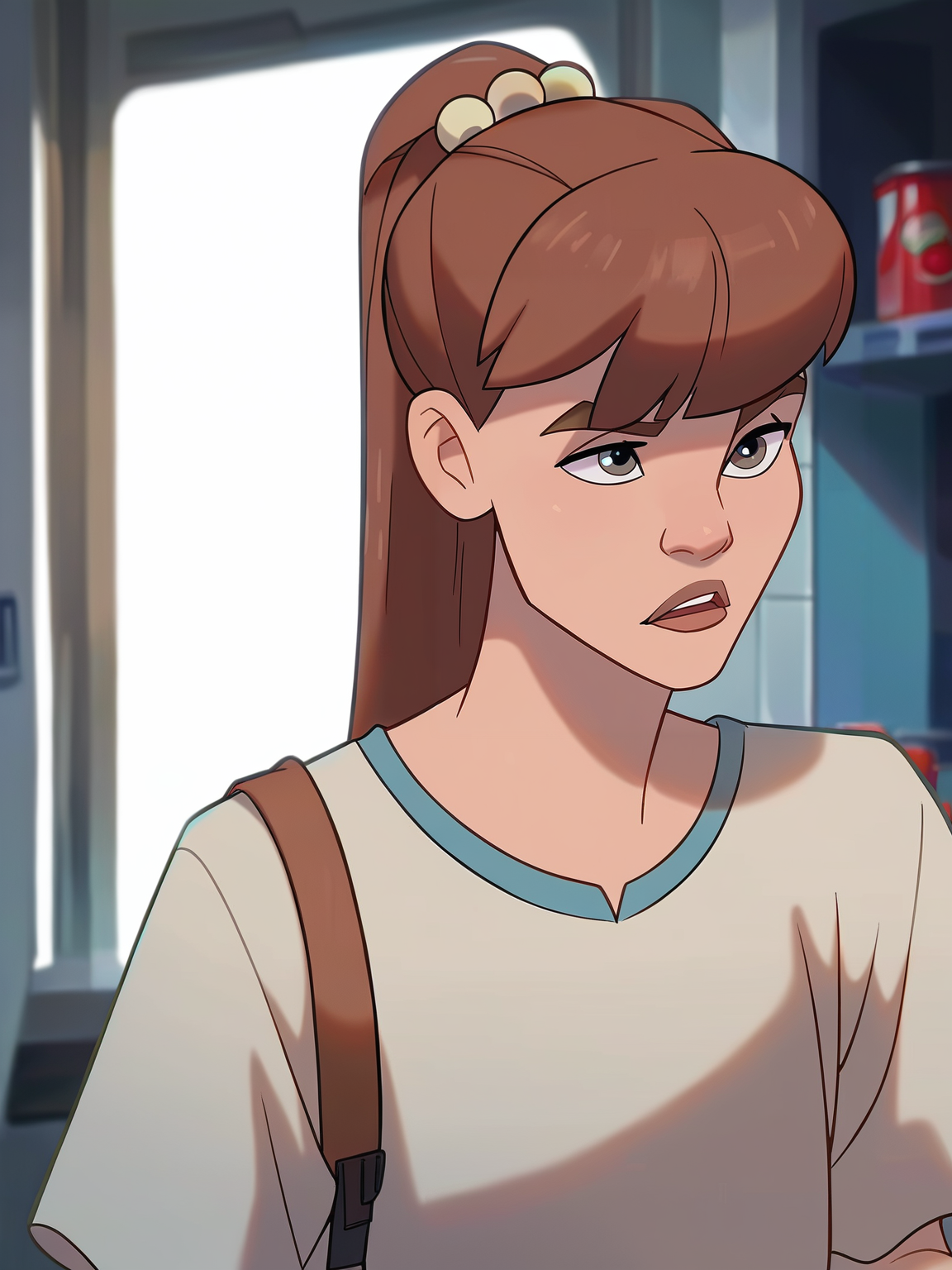 <lora:monster_girlv2:0.6> m_g, 1girl, brown ponytail hair, bangs, hairpin, small body, skinny body, grey eyes,   <lora:WesternCartoonClassicDisney100:0.9>, score_9, score_8_up, score_7_up,