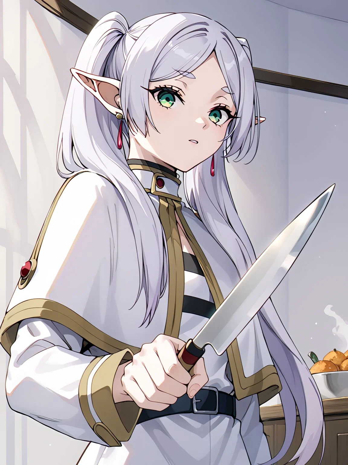 score_9,score_8_up,score_7_up,score_6_up,score_5_up,score_4_up,source_anime,1girl,solo,<lora:HoldingKnife_Pony_V1.0:1>,holdkknife,holding,upper body,holding knife,kitchen knife,<lora:sfrieren_ponyxl_1:0.8>,sfrieren,FrierenBase,green eyes,white hair,long hair,twintails,earrings,white capelet,striped shirt,long sleeves,belt,