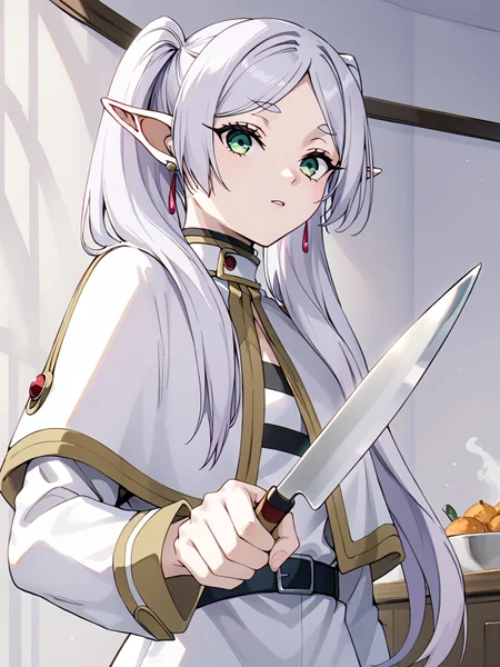 score_9,score_8_up,score_7_up,score_6_up,score_5_up,score_4_up,source_anime,1girl,solo,<lora:HoldingKnife_Pony_V1.0:1>,holdkknife,holding,upper body,holding knife,kitchen knife,<lora:sfrieren_ponyxl_1:0.8>,sfrieren,FrierenBase,green eyes,white hair,long hair,twintails,earrings,white capelet,striped shirt,long sleeves,belt,