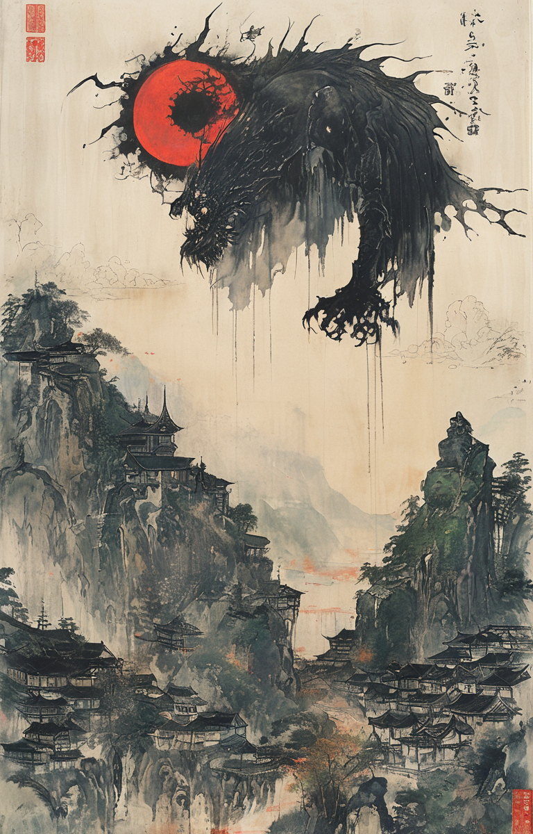 masterpiece,best quality,<lora:tbh162-sdxl:0.9>,illustration,style of Kawanabe Kyosai, Nazgul over sleeping town