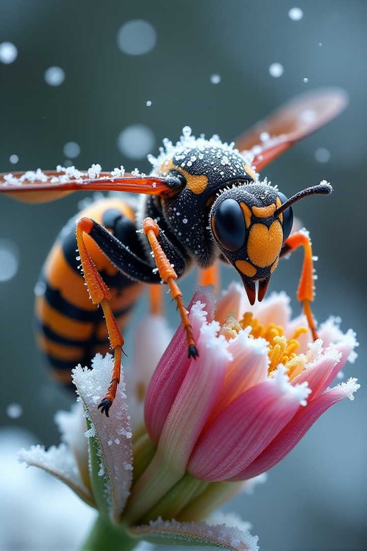 Capture a dramatic macro photograph of a giant Asian wasp perched on a frosty flower during a snowfall. The waspâs robust body is covered in a dusting of fine snowflakes and shimmering ice crystals, accentuating the rich orange and black patterns on its exoskeleton. Its powerful wings are partially frozen, catching the diffused, cool light and reflecting subtle highlights, while the textured details of its antennae and segmented legs gripping the icy flower are vividly rendered. Snowflakes are captured mid-air, some tumbling and others settled on the wasp and flower, adding a dynamic energy to the scene.
The frosty flower, with hints of its vibrant color peeking through a delicate layer of ice, provides an intricate backdrop, showcasing veins and textures illuminated by soft lighting. The background fades into blurred tones of muted whites and pale blues, evoking a calm and cold winter atmosphere. The lighting is natural and diffused, highlighting the frosty textures and creating subtle contrasts on the waspâs bold patterns. This composition emphasizes the waspâs formidable presence against the serene yet harsh beauty of a snow-covered environment, blending intricate detail with dramatic stillness.<lora:Sinfully_Stylish_.02_for_FLUX:1>âââ