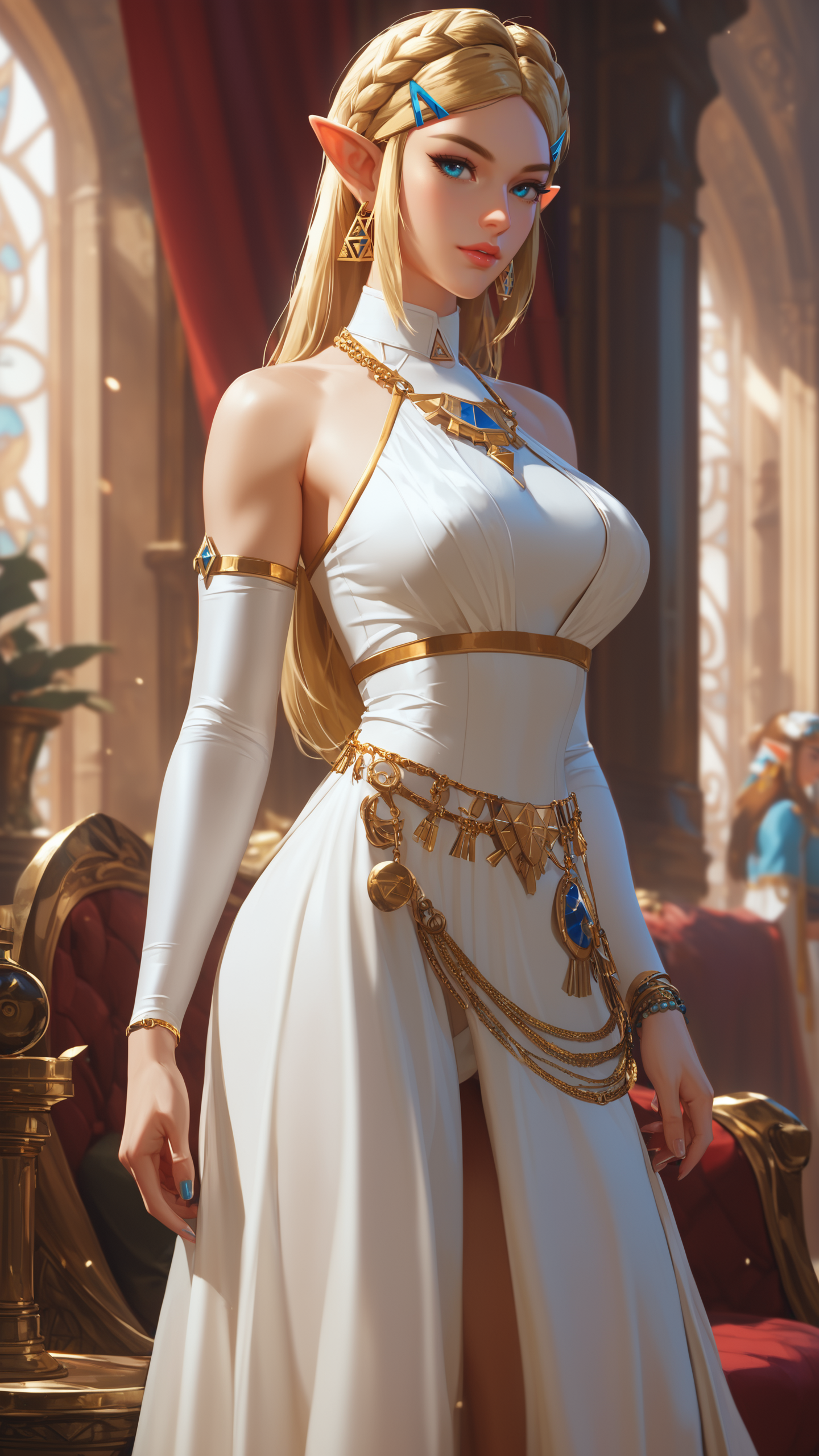 score_9, score_8_up, score_7_up, Amidst a grand royal ball, Princess Zelda from "The Legend of Zelda" series captivates the room with her grace and intelligence. Dressed in a regal gown, she discusses strategies and ancient lore with diplomats, her leadership and wisdom making her a magnetic figure in a realm filled with intrigue.