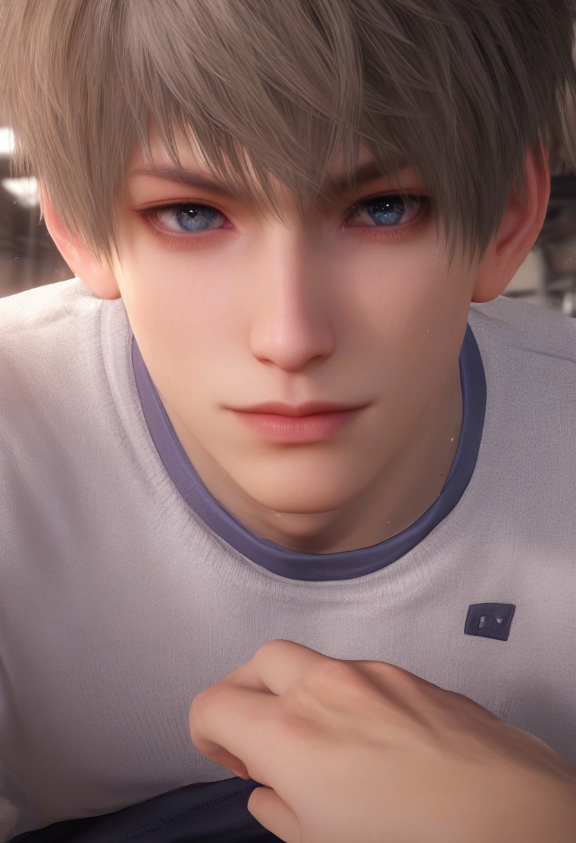 1boy, solo, male focus, slim toned male, xavier_(love_and_deepspace),( plum cheeks face, wide face, big eyes, wide eyes,:1.1) blond hair, short hair, bangs, pale skin, grey blue eyes, detailed eyes, satisfaction, satisfied, neutral, pensive face, smile, feminine, neutral expression, neutral eyebrow looks, band aids, band aid,
short pants, white tight tank top, sweaty hair, long sleeves, looking at viewer, in gym, aesthetic, sweating, sweat, steaming, heavy breathing, 
seductive, romantic, sleeping, clothes pull, relax rating PG, score_9,score_8_up,score_7_up, source_anime, male focus, manly, tall, detailed eyebrow, sharp eyebrows, focus on thigh, thigh focus, random view