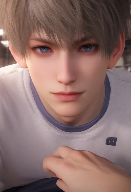 1boy, solo, male focus, slim toned male, xavier_(love_and_deepspace),( plum cheeks face, wide face, big eyes, wide eyes,:1.1) blond hair, short hair, bangs, pale skin, grey blue eyes, detailed eyes, satisfaction, satisfied, neutral, pensive face, smile, feminine, neutral expression, neutral eyebrow looks, band aids, band aid,
short pants, white tight tank top, sweaty hair, long sleeves, looking at viewer, in gym, aesthetic, sweating, sweat, steaming, heavy breathing,
seductive, romantic, sleeping, clothes pull, relax rating PG, score_9,score_8_up,score_7_up, source_anime, male focus, manly, tall, detailed eyebrow, sharp eyebrows, focus on thigh, thigh focus, random view
