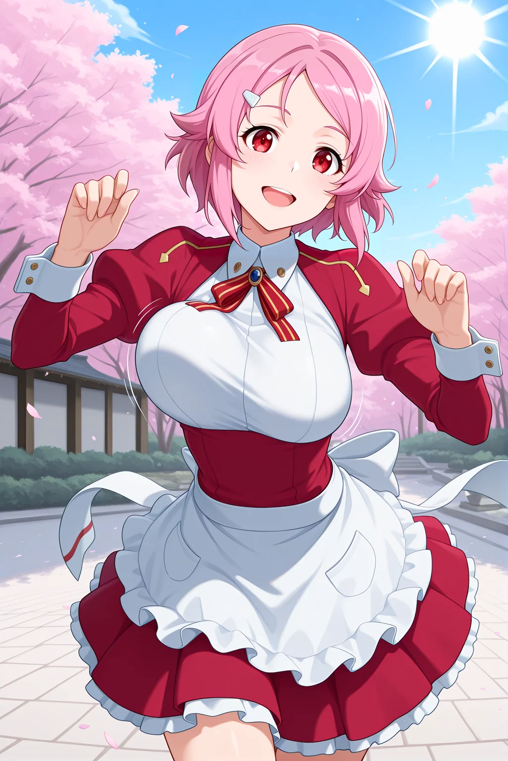 beautiful detailed eyes, masterpiece, best quality, intricate details, absurdres, 1girl, solo,
<lora:P-IL-Lisbeth:1>, l1sb3th, pink_hair, short_hair, freckles, red_eyes, hair_ornament, hairclip,
white_apron, red_frilled_miniskirt, long_sleeves, shirt,
red_ribbon, neck_ribbon, bow,
standing, eyelashes, lips, beautifull lips, open mouth, joy, happy, looking at viewer,
((breasts in motion)), dynamic pose, intense movement, action shot, motion blur, (bouncy:1.3), (bouncing breasts:1.2), tight outfit, dramatic perspective, dancing,
japanese garden, cherry blossom, petals floating, blue sky, sun, light beams,