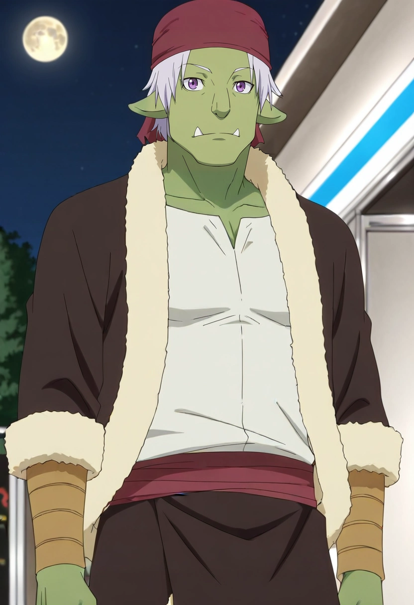 masterpiece, best quality, anime screencap, official style, anime coloring, cowboy shot, 1boy, solo, male focus, <lora:rigur_tensura_ilxl:0.94>, rigur_tensura, grey hair, purple eyes, pointy ears, colored skin, green skin, goblin, bandana, tusks, , close-up, store, convenience store, night, full moon, arms at sides, relaxed,