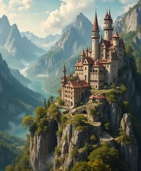 medieval village high in the mountains, whimsical and wonderful, soft light, maximalism