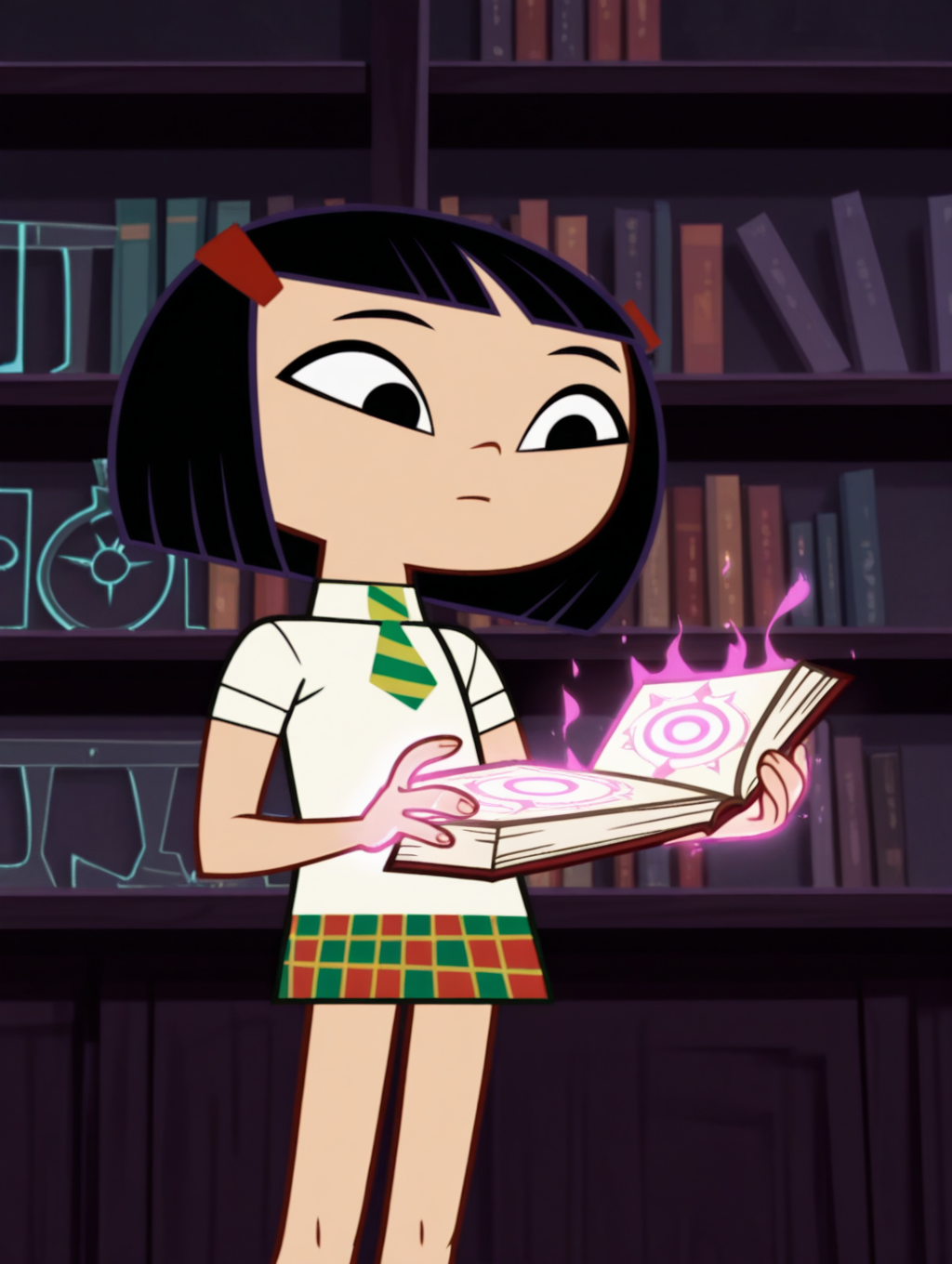 KittyKoZYN, 1girl, solo, black hair, hair ornament, bob cut, bangs, short hair, hairclip, blunt bangs, black eyes, school uniform, white shirt, necktie, plaid skirt, cowboy shot, reading a book, magical book, casting a spell, magic in hands, magic energy on hands, magic lab, magic potions on shelves, glowing potions, glowing spellbook,