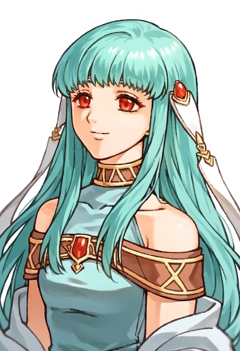 score_9, score_8_up, score_7_up, source_anime, 1girl, solo, pensive
<lora:zs_FE10PortraitsXL:1> fe10portraits, portrait, white background,
ninian, hair ornament, red eyes, aqua hair, dress, bare shoulders, smile