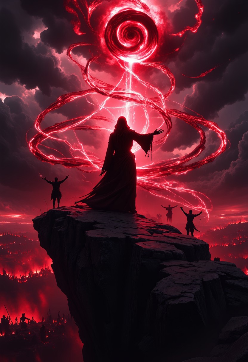In the style of Brom (Dark Fantasy Illustrations) On a cliff overlooking a battlefield, a pale sorceress stands amidst swirling crimson magic, the sky above heavy with dark clouds. The scene is drenched in rich, saturated reds and deep blacks, with the light of blood magic casting an eerie glow over her gaunt, spectral form. The battlefield below is barely visible, shrouded in smoke and shadow, while the spirits of the dead rise around her like ethereal chains. The composition is dynamic, with the sorceress positioned off-center, her outstretched arms and swirling magic drawing the viewer’s eye upward into the stormy sky.