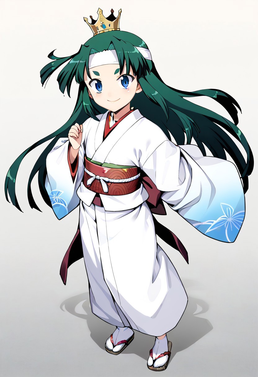 <lora:Tsugumomo-PonyXL-1024px-v1.0:0.8>
1girl, solo, flat chets, short petite, small body, blue eyes, crown, full body, green hair, headband, japanese clothes, kimono, long hair, looking at viewer, sash, skirt, smile, standing, tabi, transparent background, (upper body).
