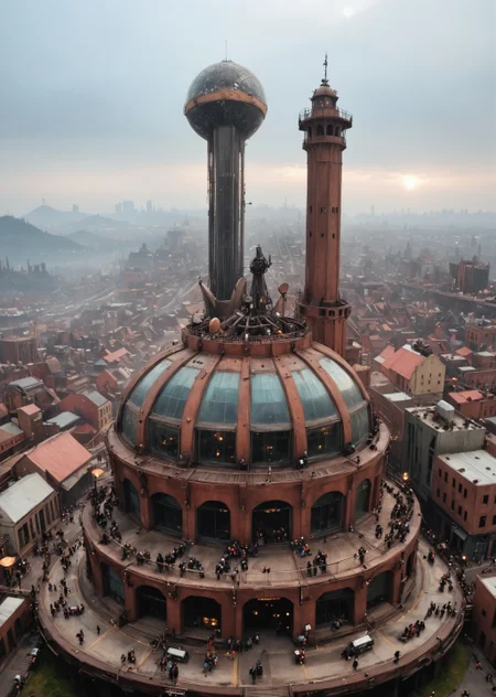 depicting a sprawling, fantastical cityscape with a steampunk aesthetic. The layout is a wide panoramic view showcasing a dense array of intricately designed buildings with pointed spires, domes, and elaborate architectural details. The structures are predominantly dark with hints of blue and bronze, creating a moody atmosphere. In the sky, several airships float among the clouds, adding to the steampunk theme. The city is bathed in a soft, diffused light, suggesting either dawn or dusk, with a warm glow emanating from windows and streetlights. Smoke rises from chimneys, contributing to the industrial feel. The foreground features a large, ornate dome with intricate patterns, while the background reveals a vast city stretching into the distance, with towering buildings silhouetted against the sky. The overall scene is rich in detail, evoking a sense of wonder and adventure.<lora:lora\zavy-cntrst-sdxl.safetensors:1.0:1.0><lora:lora\xl_more_art-full_v1.safetensors:1.0:1.0><lora:lora\Add_more_details_V2_XLpony.safetensors:1.0:1.0><lora:lora\sdxl_enhance.safetensors:1.0:1.0>