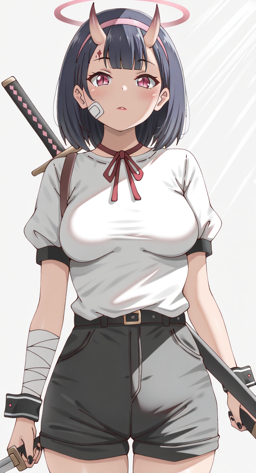 masterpiece, cute, lovely, newest, absurdres, (best quality:1.3), amazing quality, very aesthetic, 1girl, solo, high_resolution, hq, 4k, BREAK. high gradient eyes, very cute, light particles, cute details, cute colors, mature woman, (Poa_Mellhen_Style), oni, oni horns, dark blue hair, straight hair, blunt bangs, pink eyes, slit pupils, (medium breasts:1.2), sagging_breasts, BREAK,  bandaid on face, bandaid, bandaid on cheek, forehead mark, parted lips, wrist cuffs, neck ribbon, short sleeves, fingernails, shirt, hairband, puffy short sleeves, puffy sleeves, shorts, t-shirt, bandages, sheath, sword, solo, holding, simple background, grey background, upper body, halo, facial mark, nail polish, closed mouth, red ribbon, black nails, bandaged arm, holding weapon, light frown, light rays, pink hairband, red lips, scabbard, weapon, white shirt, masterpiece, best quality, very aesthetic, intricate details, vivid colors, smooth shading, dynamic lighting, professional illustration, soft gradients, balanced composition, elegant pose, high-resolution, sharp focus, 8k, hdr, crisp lines, perfect lighting, sharp eyes, detailed eyes, highly detailed
