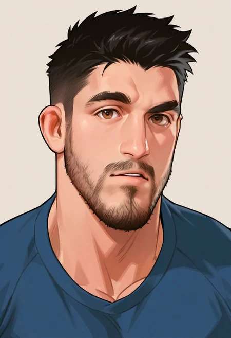 front view,close-up,flat color,simple background,
1boy,bara,muscular male,mustache,beard,brown eyes,black hair,blue t-shirt,
parted lips,(pout),raised eyebrow,curious,looking at viewer,
very awa,masterpiece,best quality,absurdres,newest,perfect quality,detailed background,intricate details,
<lora:dd-vc:1>,