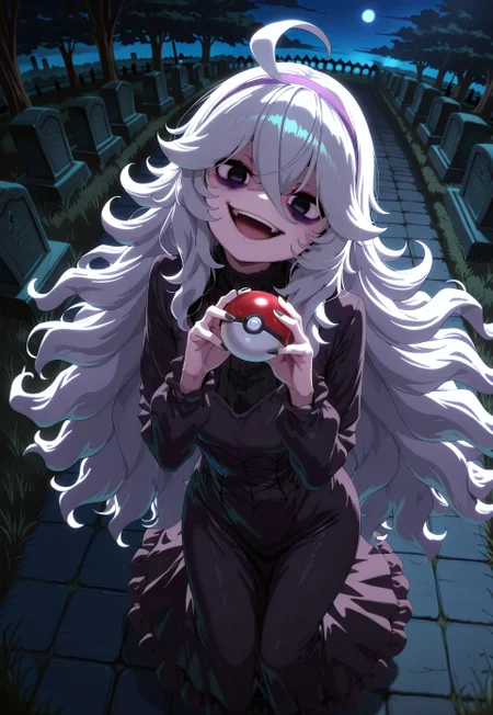 1girl, Shadwo, black eyes, white hair, grey hair, very long hair, messy hair, hair between eyes, ahoge, bags under eyes, gradient hair, masterpiece, best quality, absurdres,
(hex maniac dress), long dress, black dress, spiderweb pattern, frilled sleeves, purple hairband, @_@,
long eyelashes, eyeshadow, eyeliner, mascara, black makeup, black nails, pale,
outdoors, nature, graveyard, night, dark environment, spooky, fog,
solo, from side, from above, full body, dynamic pose, looking at viewer, (head tilt), crazy smile, crazy eyes, open mouth, holding pokeball, staring, swirly eyes,
intricate, highly detailed, majestic, shallow depth of field, movie still, circular polarizer, moody