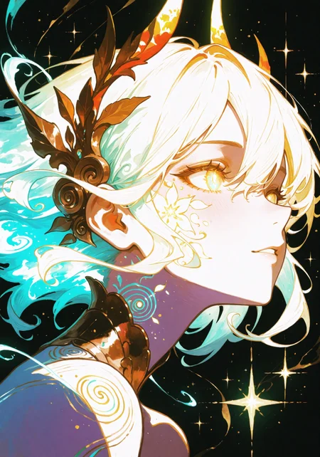 absurdres, best quality, surrealist, vibrant colors, abstract swirling shapes merging into a humanoid figure, glowing ethereal light, floating in a void of stars and nebulae, intricate patterns, high contrast, digital painting, close-up on face, dreamlike, enigmatic mood