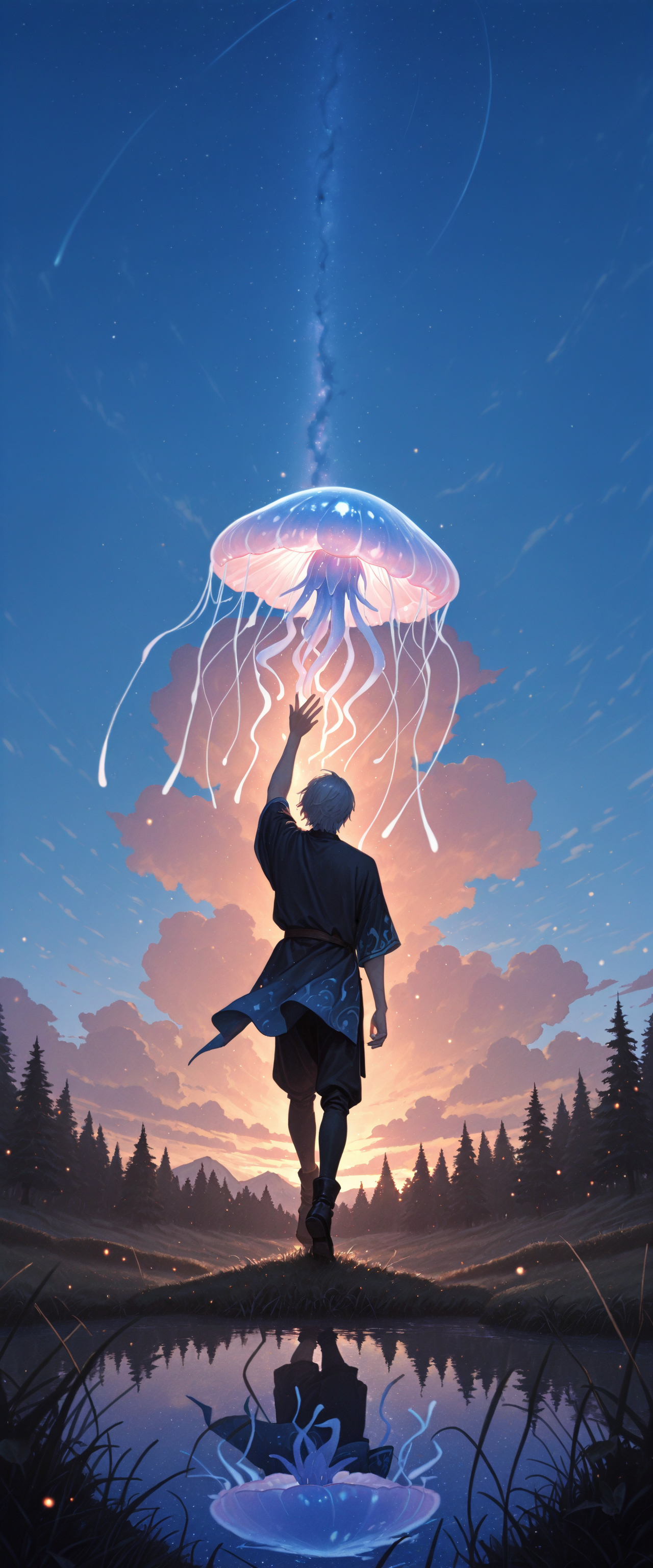 LL-Illu, 1boy arm_above_head blue_sky cloud dusk fantasy forest from_behind grass jellyfish lake landscape light_particles male_focus nature outstretched_arm painterly reaching reflection reflective_water scenery shore sky star_(sky) starry_sky tree water 
absurdres, masterpiece, gradient, high_quality, newest, incredibly_absurdres, very_aesthetic, depth_of_field, grainy_texture, film_grain blender_\(artwork\), zbrush_\(artwork\), digital_painting_\(artwork\) light_particles, painterly, raytraced, blending, volumetric_lighting