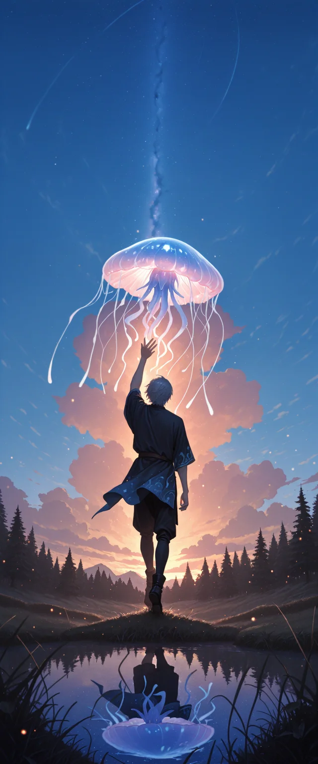 LL-Illu, 1boy arm_above_head blue_sky cloud dusk fantasy forest from_behind grass jellyfish lake landscape light_particles male_focus nature outstretched_arm painterly reaching reflection reflective_water scenery shore sky star_(sky) starry_sky tree water 
absurdres, masterpiece, gradient, high_quality, newest, incredibly_absurdres, very_aesthetic, depth_of_field, grainy_texture, film_grain blender_\(artwork\), zbrush_\(artwork\), digital_painting_\(artwork\) light_particles, painterly, raytraced, blending, volumetric_lighting