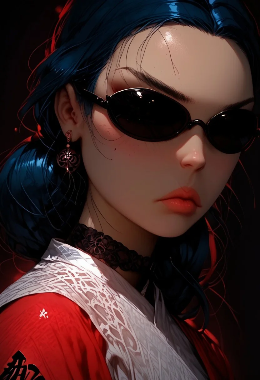 score_9, score_8_up, score_7_up, Expressiveh, flat color, dark theme , g0th1c, mythp0rt, sinozick style, glowing, 1girl, Tomoe Tsurugi, blind, pale-skinned, blue hair, black sunglasses, Chignon style, long hair, white long-sleeved shirt with a Cheongsam collar, black waistband, red culottes pants, untied clothes,