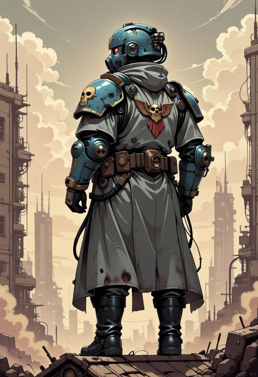 masterpiece, UHD, 8K, high res, high detailed, best quality, amazing quality,
1male, solo, krieg's soldier (/warhammer 40k)/, helmet, gasmask, gray overcoat, black boots, gray pants, backback on back, stand on roof,
destroyed futuristic city on background, low clouds, grey clouds,
amazing background,
sepia,