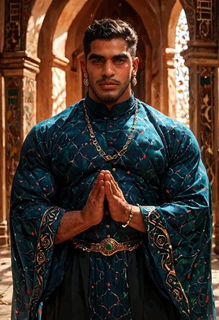 score_9, score_8_up, score_7_up, score_6_up, score_5_up, score_4_up, beautiful Muslim man, handsome, huge biceps, earrings, black, looking at viewer, shy male, male bangles, jewelry, puffy lips, thick thighs, standing, (praying in a mosque:1.2), Salah, fully clothed, covered body, conservative clothes, (perfect hand:1.9),detailed eyes,
BREAK
score_9, score_8_up, score_7_up, score_6_up, source_cartoon, (best quality, masterpiece, aesthetic, perfect details,realistic:1.3),aaEURm1n1,