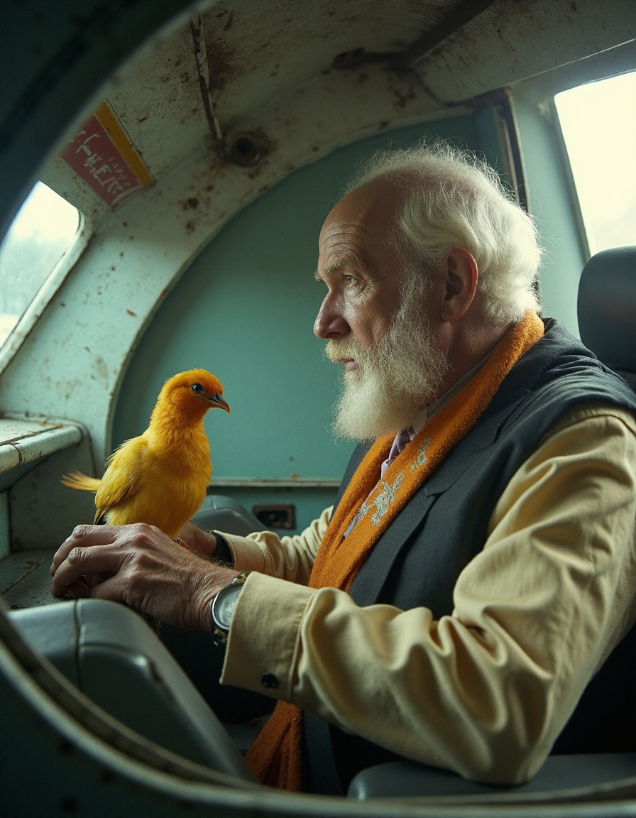 Photo of an old bearded man in a spaceship investigating a finch., (VCTRN:1.2), analogstyle,  faded photograph <lora:e377b7657231499e9165dad83cdeb312_pytorch_lora_weights:1>  <lora:amateurphoto-6version:0.4> <lora:35mm_joycap:0.4>