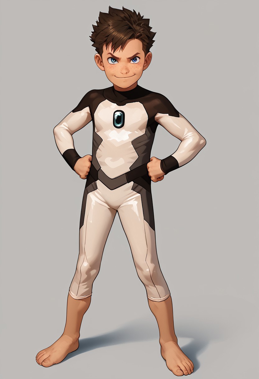 score_9, score_8_up, score_7_up,1boy, solo, cute boy, Koji, Blue Eyes, Brown Hair, Freckles, Bodysuit, Barefoot, hands on hips, smug smile, PONYXL_AlexRoss_ComicArt_ownwaifu