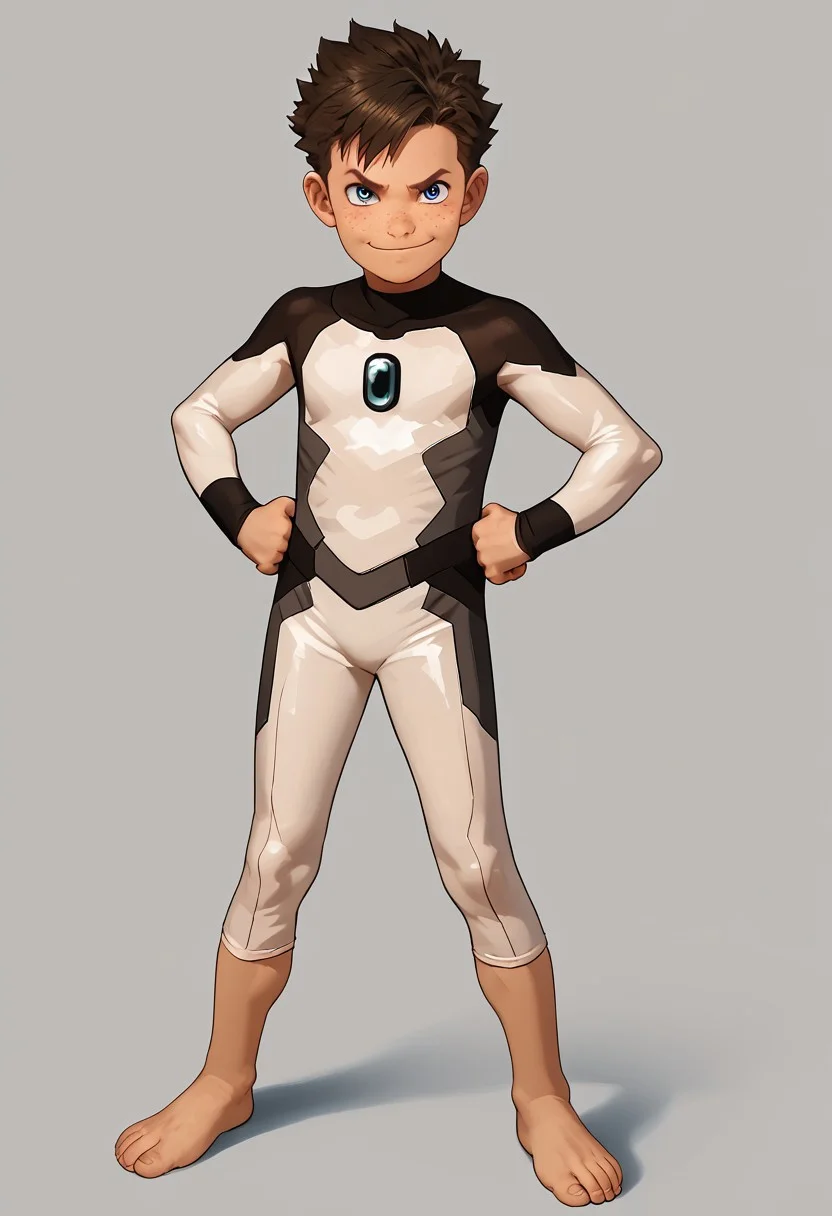 score_9, score_8_up, score_7_up,1boy, solo, cute boy, Koji, Blue Eyes, Brown Hair, Freckles, Bodysuit, Barefoot, hands on hips, smug smile, PONYXL_AlexRoss_ComicArt_ownwaifu