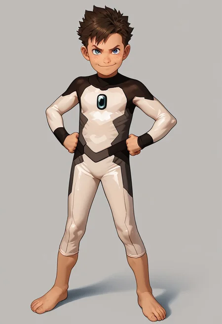 score_9, score_8_up, score_7_up,1boy, solo, cute boy, Koji, Blue Eyes, Brown Hair, Freckles, Bodysuit, Barefoot, hands on hips, smug smile, PONYXL_AlexRoss_ComicArt_ownwaifu