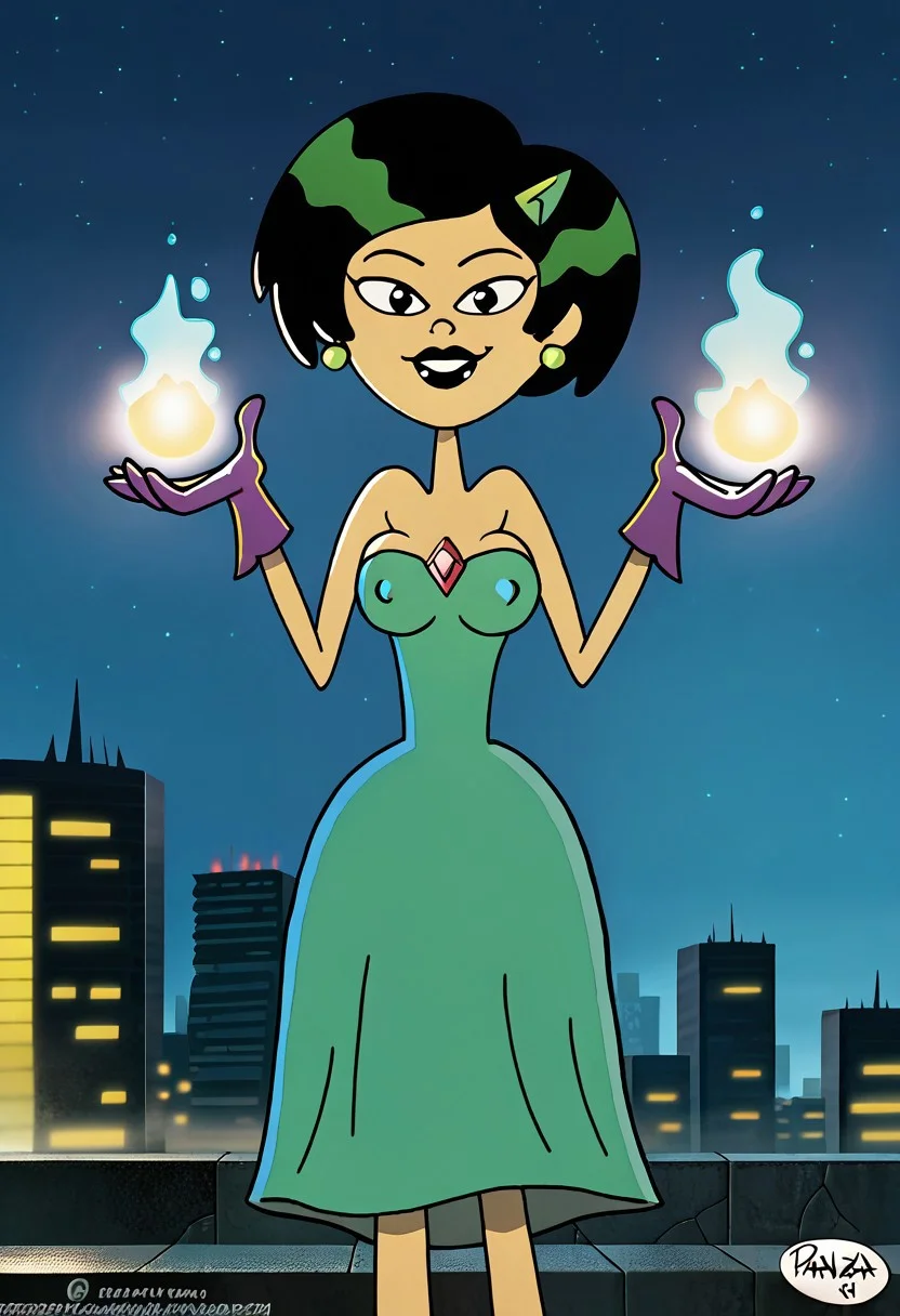 score_9, score_8_up, score_7_up, 4k, 8k, ultra high quality, masterpiece BREAK, artilpanzastyl, Amphstyle, CHMarcyWu, short hair, standing, Shiny black lipstick, shadowed, green hairpin, wears a tight strapless blue dress, tight covered nipples under dress. Green jewels between the breasts, Her purple gloves, and green earrings add to her striking appearance (long full gloves), Very attractive, sensual, sexy. The background shows a silhouetted cityscape at night. Night