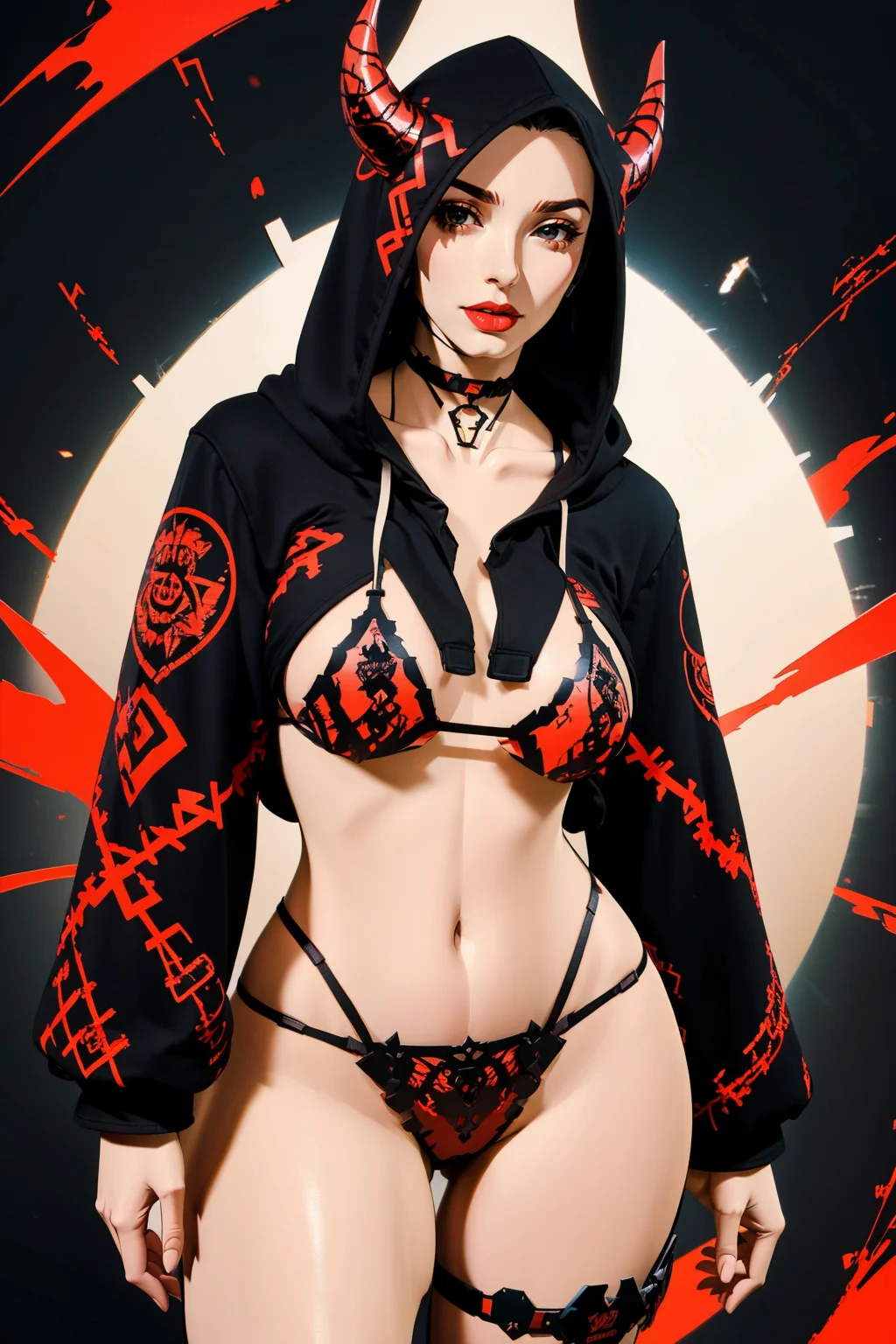 masterpiece, best quality, high quality, <lora:detail_slider_v4:2> <lora:age_slider_v2:3> <lora:techk1ttyred:0.9> techk1tty, bikini, red and black bikini, red and black theme, plastic, lingerie, tech wear, choker, bra, panties, garterbelt, thigh strap, horns, belt, hood, collar, hoodie, black bikini, hood up, black hoodie, cropped hoodie