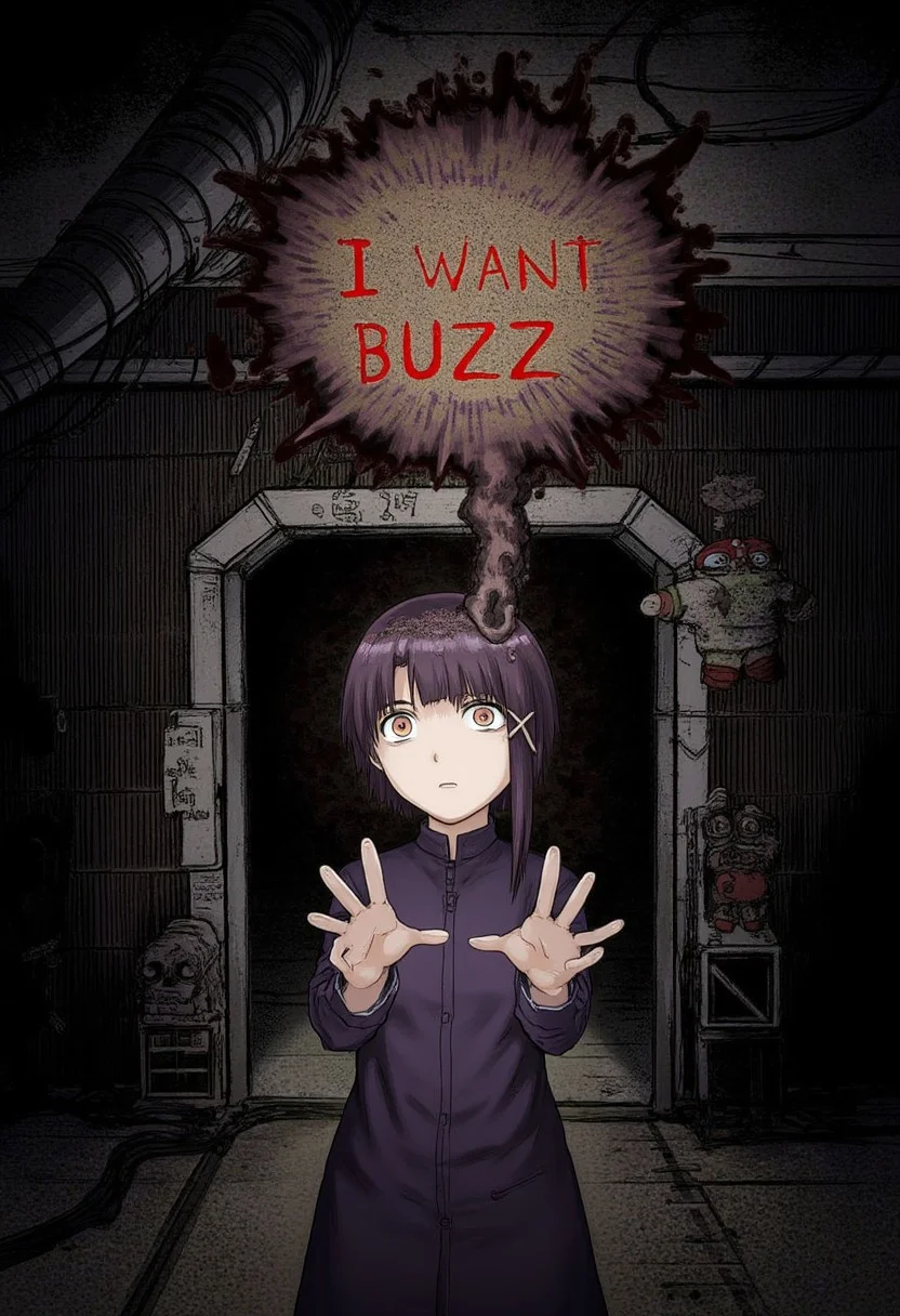 SELain, high quality anime art style, occult ritual, horror vibe, demonic possession, scared punk girl in the dark basement looking up, dark paranormal power with eyes growing from her head and forming a dark bubble with text: "I WANT BUZZ."