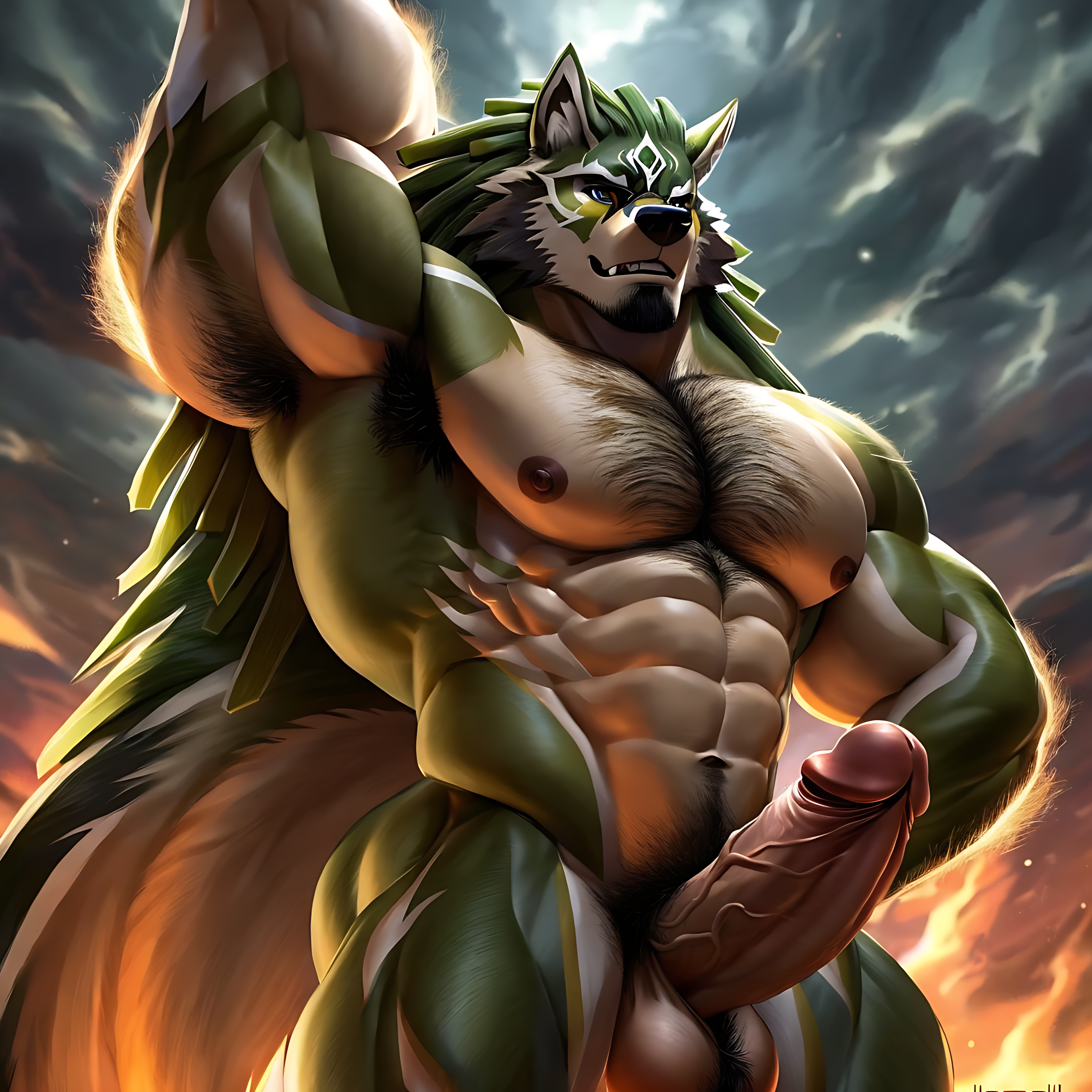 link, wolf form, himbo, bara, large veiny penis, armpit hair, chest hair, large genital balls