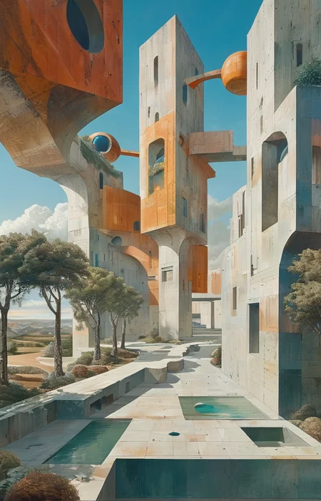 masterpiece,best quality,<lora:tbh306-sdxl:0.9>,illustration,design by Michael Graves, Brutalist concrete university campus with geometric shapes and exposed materials