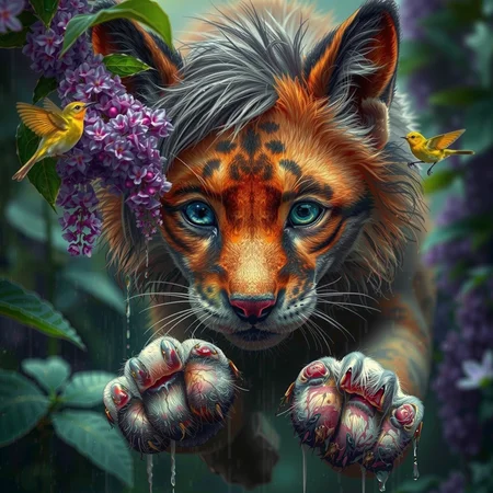 photorealistic, realistic, enchanted wild forest, lilacs fall rain, fir tree paws quivering in balance, birds chirping anxiously