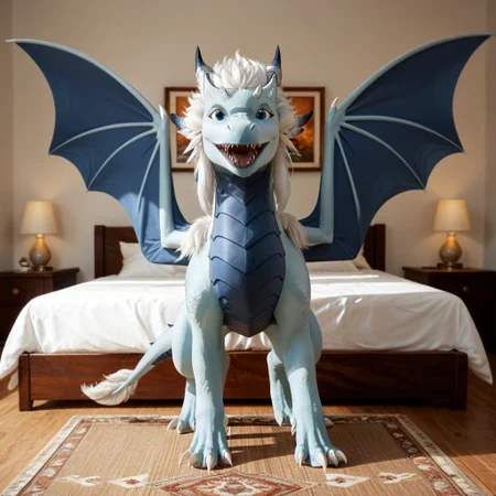 score_9, score_8_up, score_7_up, score_6_up, score_5_up, score_4_up, masterpiece, high quality, realistic, detailed, best quality, solo, rating_safe, source_furry, bedroom, smiling, looking at viewer, standing, full body, open mouth smile, detailed eyes, azymondias_tdp, dragon, light blue scales, white hair, blue wings, horns, tail, claws, male, 1boy, blue eyes, feral